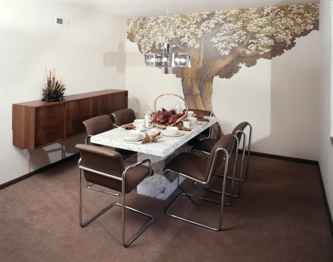 1970S Dining Room Table Chairs Wall Decor Mural Of Tree