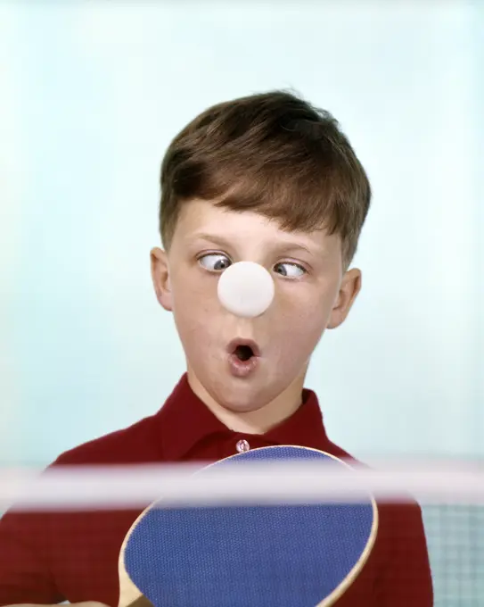 1960S 1970S Funny Cross-Eyed Boy Red Shirt Ping Pong Ball Stuck On Nose Humor