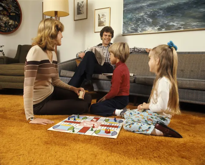 1970S Family Mother Father Boy Girl Playing Game Living Room Carpet Retro Parcheesi Families Activity Board Games