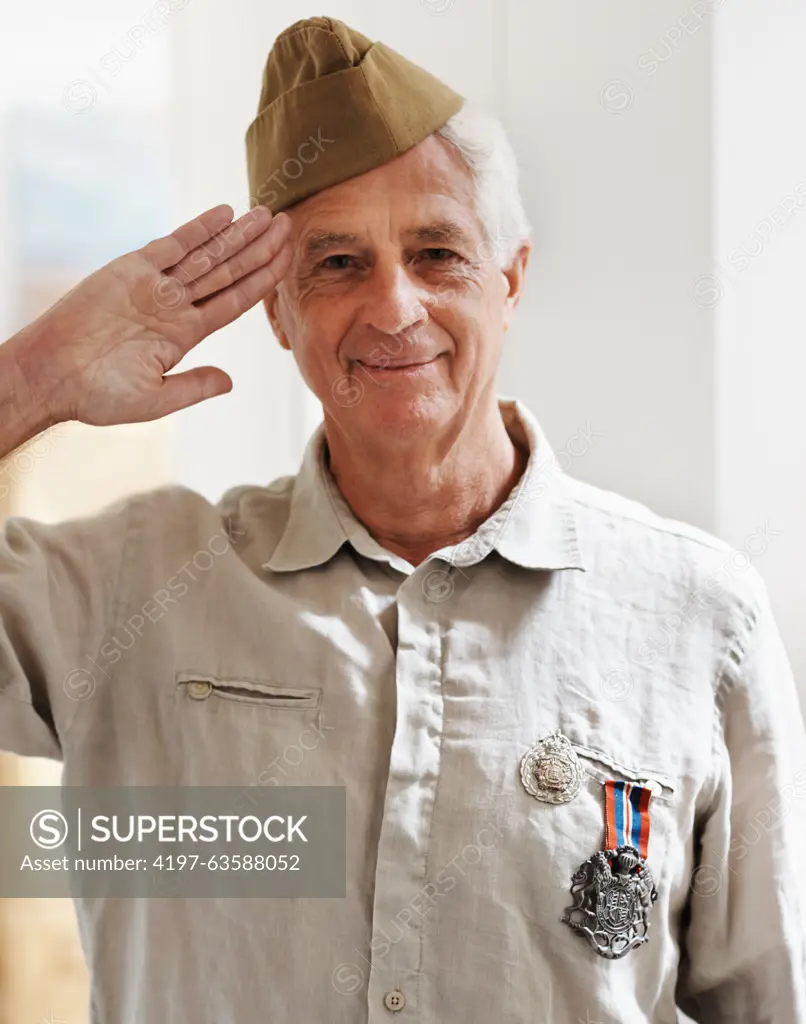 Mature man, war and hero in retirement with service, medals and uniform as soldier or patriot.Senior person, army and veteran in portrait for memories, pride and respect in salute for remembering