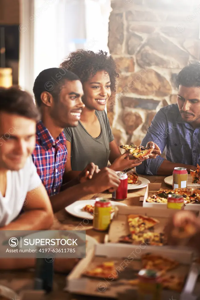 Friends eat pizza, lunch and food at restaurant with fun together on friendship date, party or celebration. Fast food, table and social gathering, event and dinner meal with soda in Chicago diner.