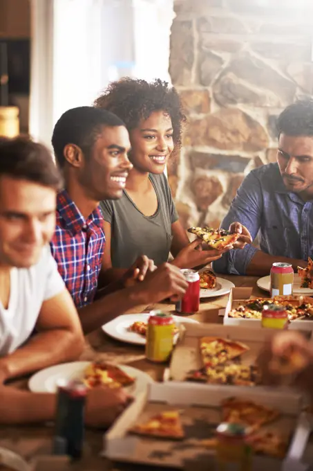 Friends eat pizza, lunch and food at restaurant with fun together on friendship date, party or celebration. Fast food, table and social gathering, event and dinner meal with soda in Chicago diner.