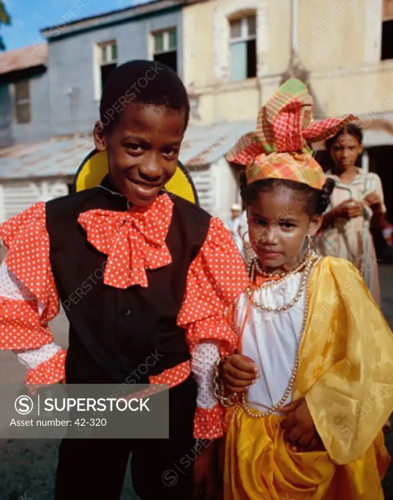 Portrait of a boy and a girl wearing traditional costumes, Martinique