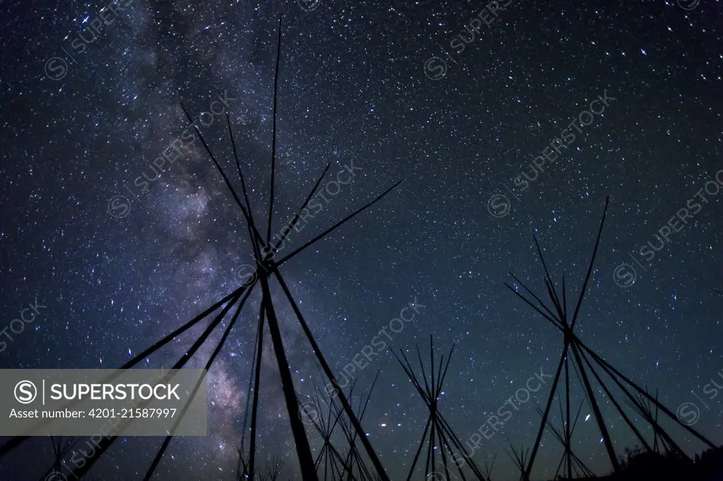 Tipi frames under the Milky Way from a Nez Perce encampment, Big Hole National Battlefield, Montana