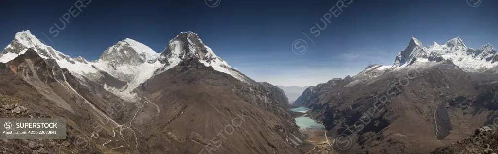 Chopicalqui Mountain and Huandoy Mountain peaks with Yanganuco Valley, Andes, Peru