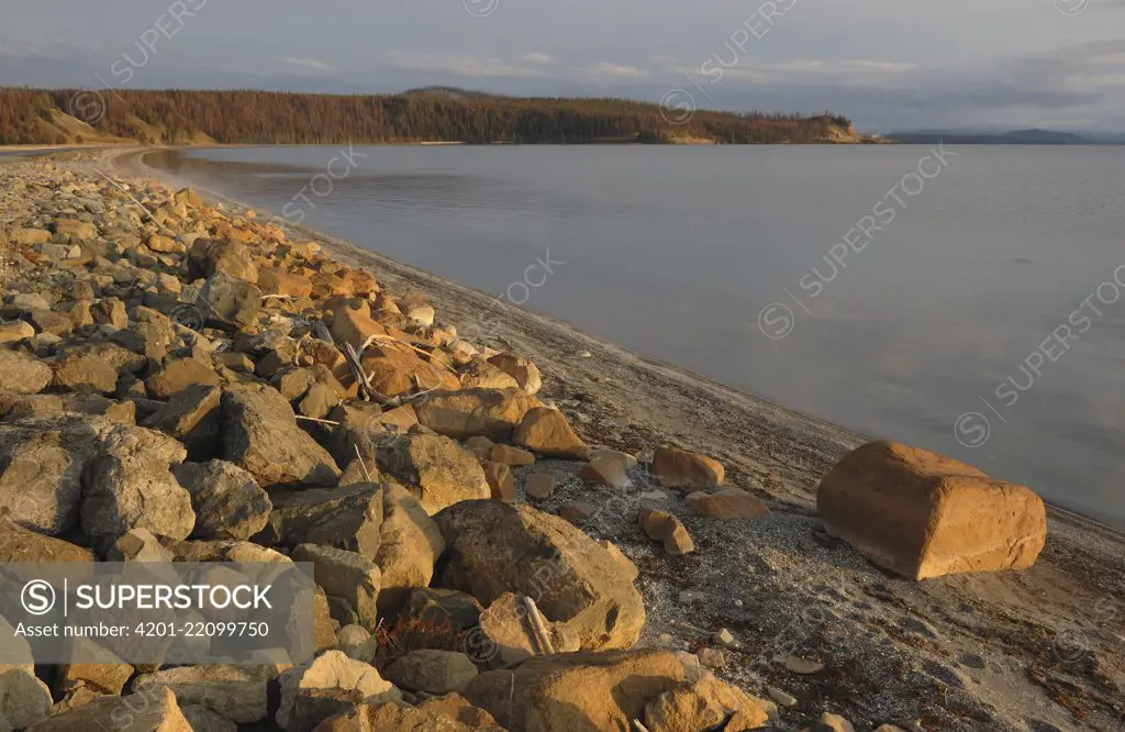 Boulders on lake shore, Mary Bay, Yellowstone Lake, Yellowstone National Park, Wyoming