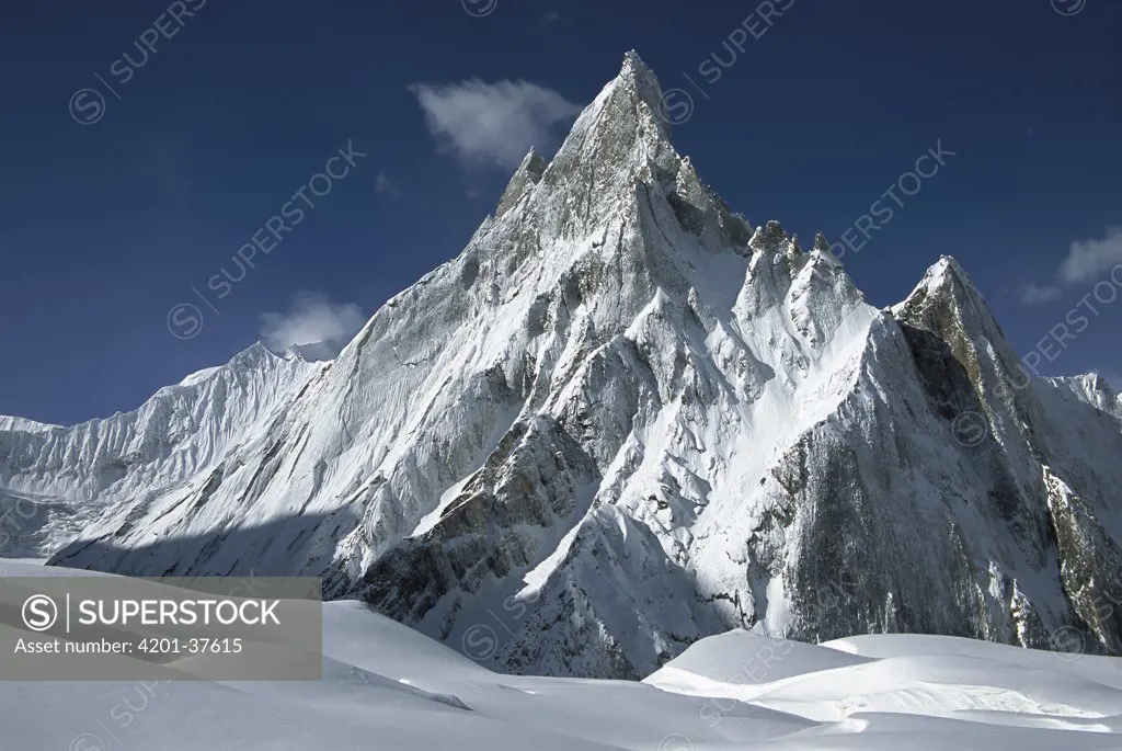 Mitre Peak at 6,252 meters elevation above Concordia towers over Baltoro Glacier, Karakoram Mountains, Pakistan