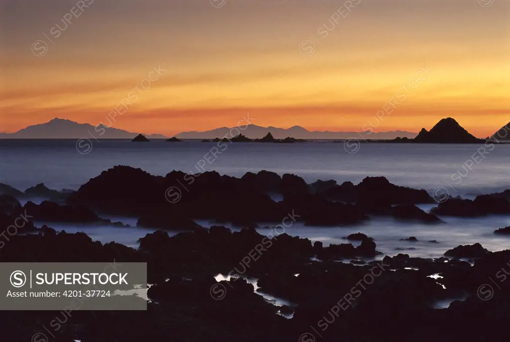 South Island seen from Island Bay at sunset, Wellington, New Zealand