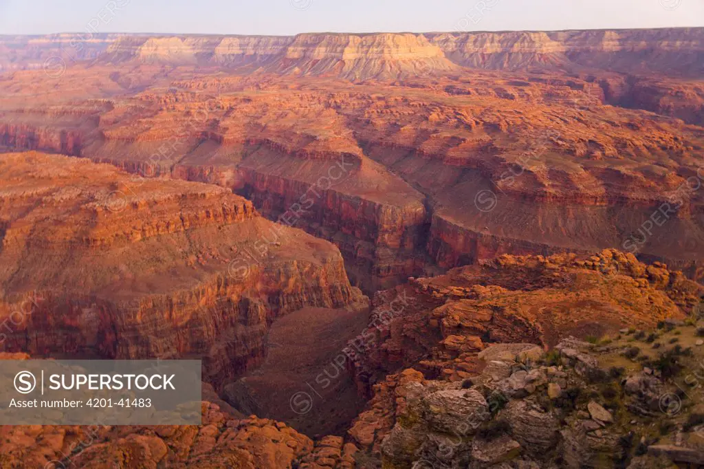 Red sandstone canyons, cliffs, terraces, pinnacles, boulders and buttes in evening, Grand Canyon National Park, Kanab Point, Arizona