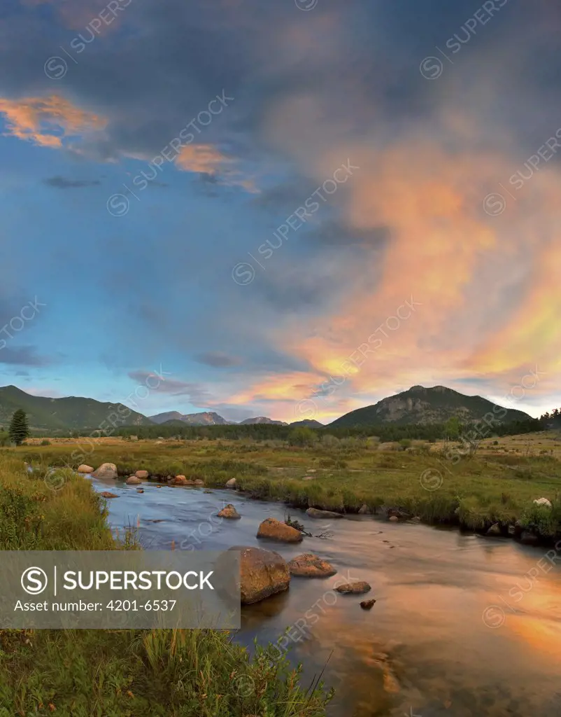 Sunset over river and peaks in Moraine Park, Rocky Mountain National Park, Colorado