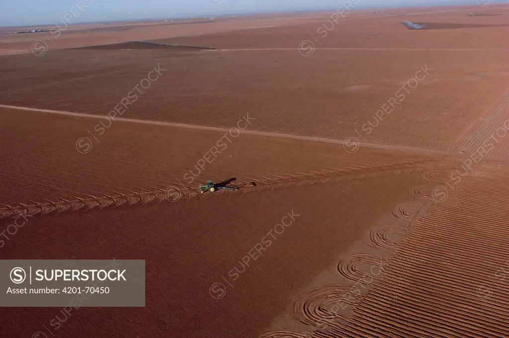 Tractor desert farming in cropland in April, west Texas