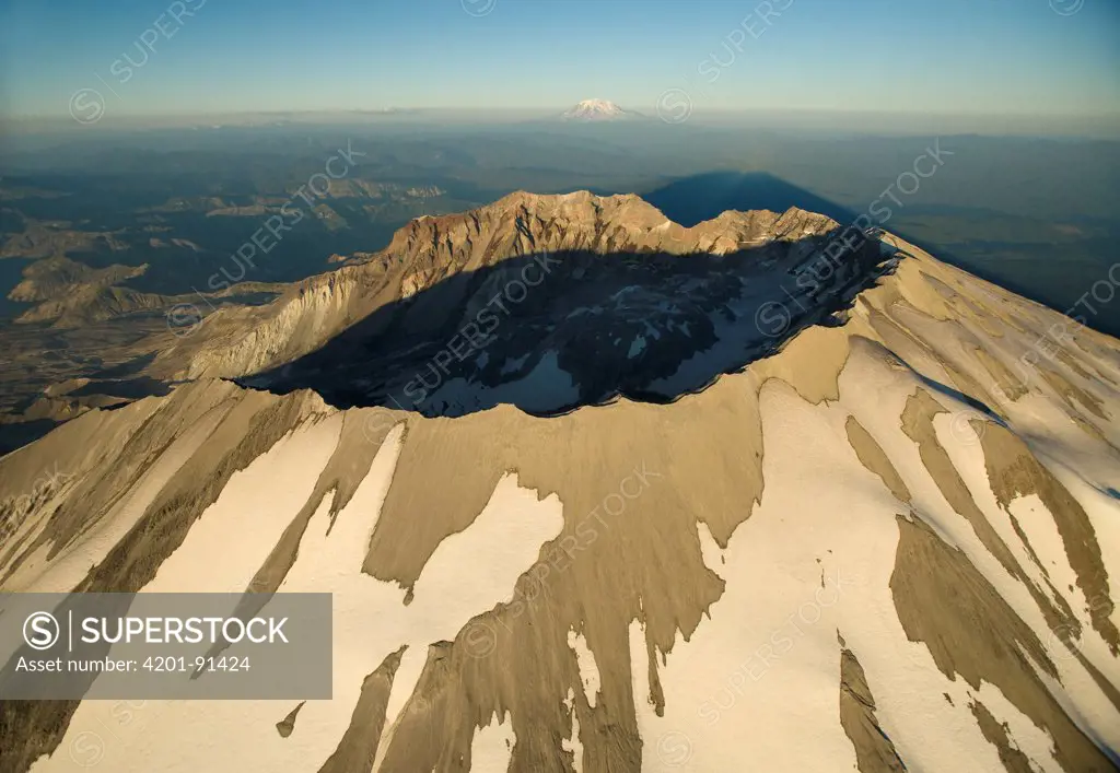 Aerial view of Mount St Helens crater with Mount Adams behind, Mount St Helens National Volcanic Monument, Washington