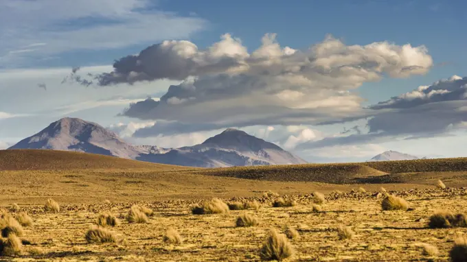 Clouds over altiplano and mountains, Guallatiri Volcano, Chile