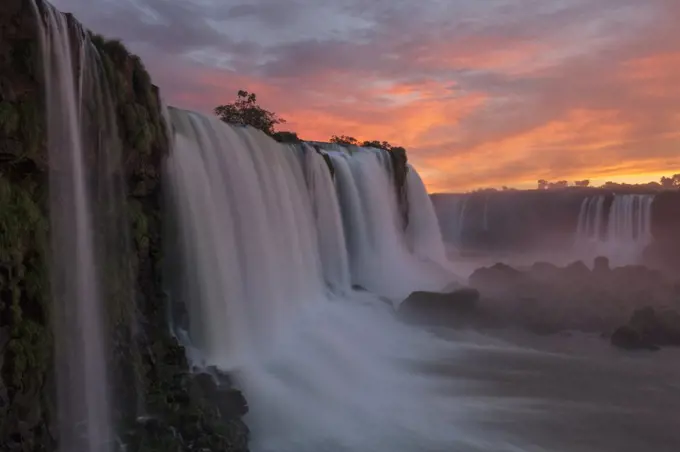 Sunset at Iguacu Falls, the world's largest waterfalls, Iguacu National Park, Brazil