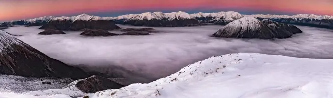 Clouds in valley, Waimakariri River, Mount Binser, Canterbury, South Island, New Zealand