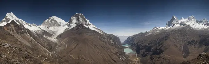 Chopicalqui Mountain and Huandoy Mountain peaks with Yanganuco Valley, Andes, Peru