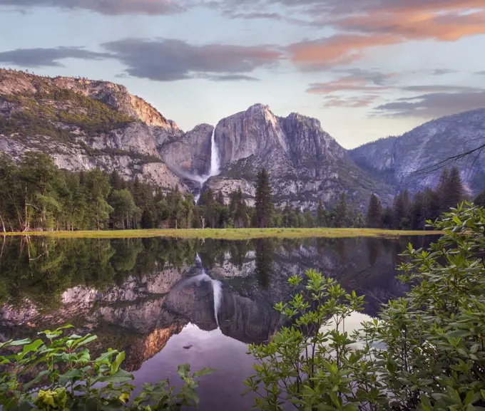 Yosemite Falls reflected in flooded Cook's Meadow, Yosemite Valley, Yosemite National Park, California