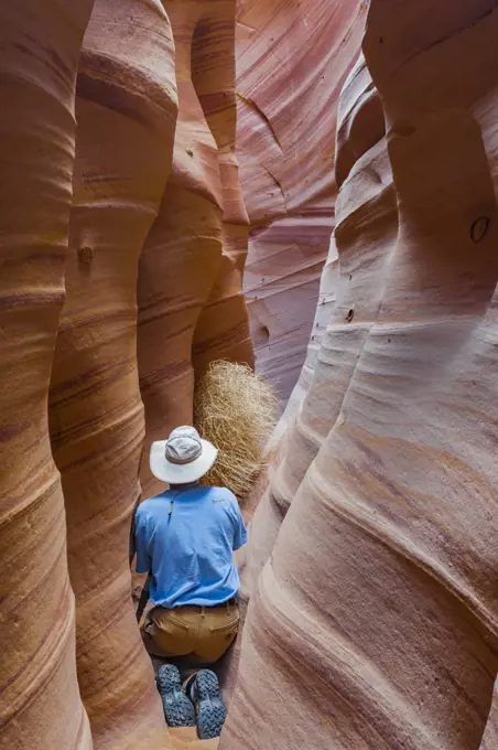 Photographer in slot canyon, Zebra Canyon, Grand Staircase-Escalante National Monument, Utah