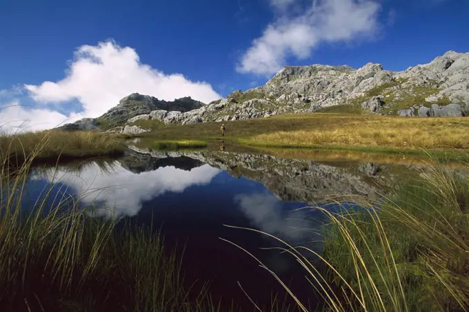 Hiker beside tarn amongst limestone formations on Mt Owen, 12,928 feet elevation, Kahurangi National Park, New Zealand