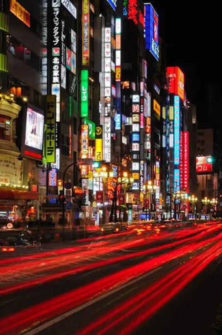 Busy street at night, Shinjuku District, Tokyo Prefecture, Kanto Region, Honshu, Japan