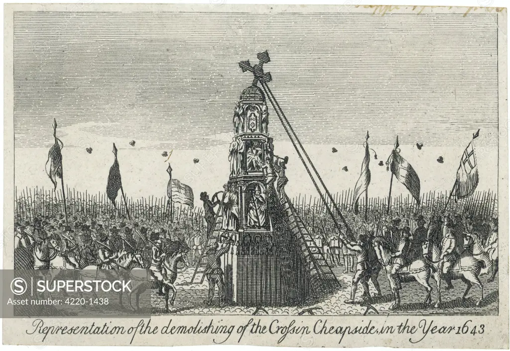 Puritan demonstrations in  London against the monarchy.  Their actions included pulling  down the cross at Cheapside  and burning Catholic texts  where the cross had stood.