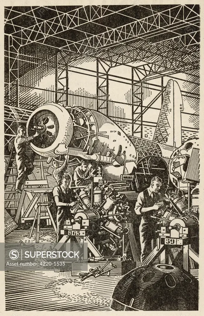 Assembly of a 'Wellington'  bomber at the Vickers factory.   This was the RAF's standard  light bomber at the outbreak  of World War Two.