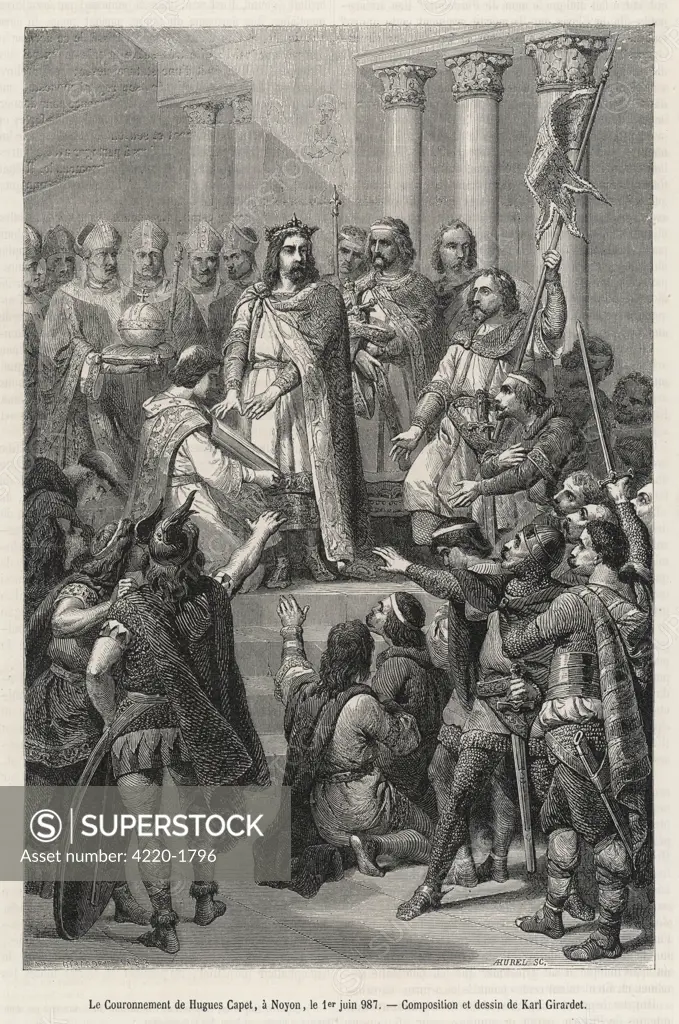 Hugues Capet is elected and  crowned king of France : but he will rule only a small territory in the Ile-de-  France, and even that he will  have to defend against rivals.