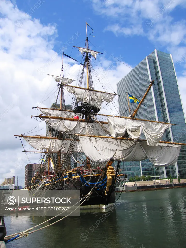 The Swedish Ship Gotheborg - replica of 1738 East Indiaman ship built according to traditional methods &amp; materials. Moored at South Quay, London.