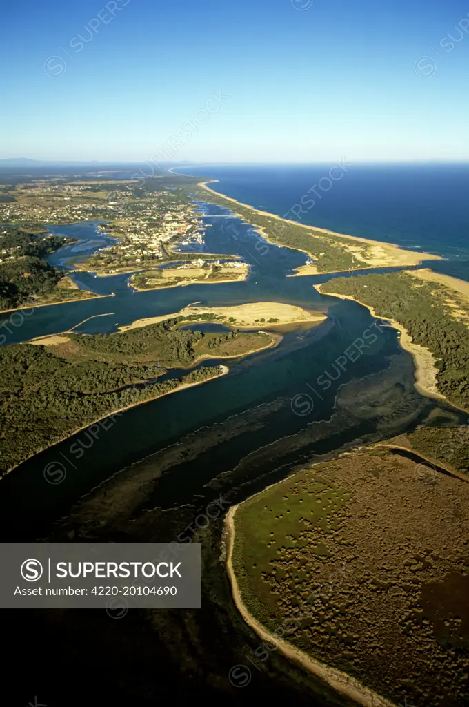 Aerial - Lakes Entrance, Hopetoun Channel aerial . South Gippsland Lakes, Victoria, Australia.