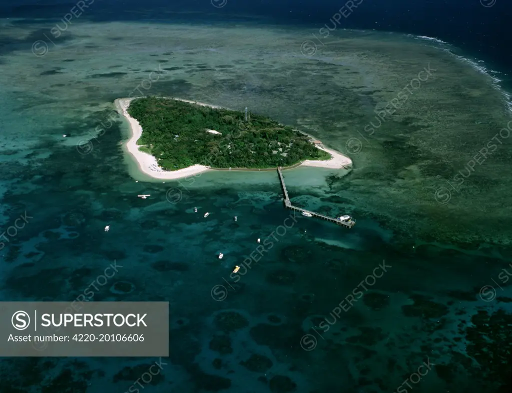 Aerial - Green Island. Green Island National Park, Great Barrier Reef off Cairns, Queensland, Australia.