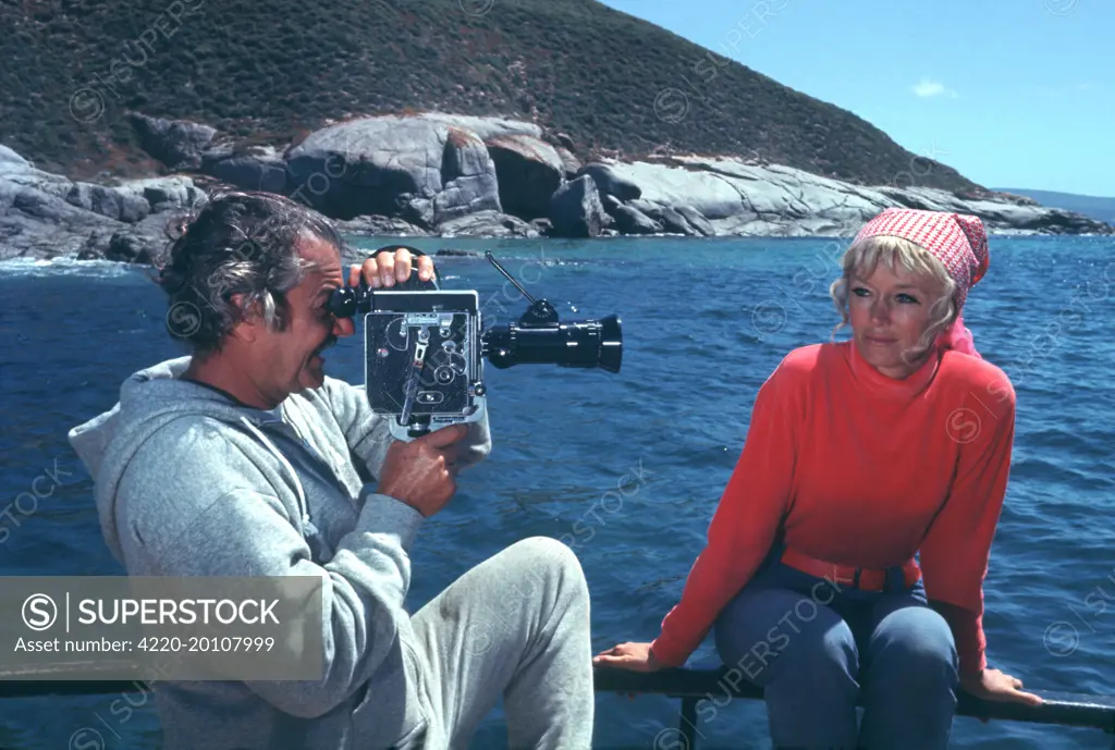 Valerie Taylor being interviewed by Italian film maker Bruno Vailati  - working on a documentary called 'Ron and the Great White' in 1971. Memory Cove. South Australia.