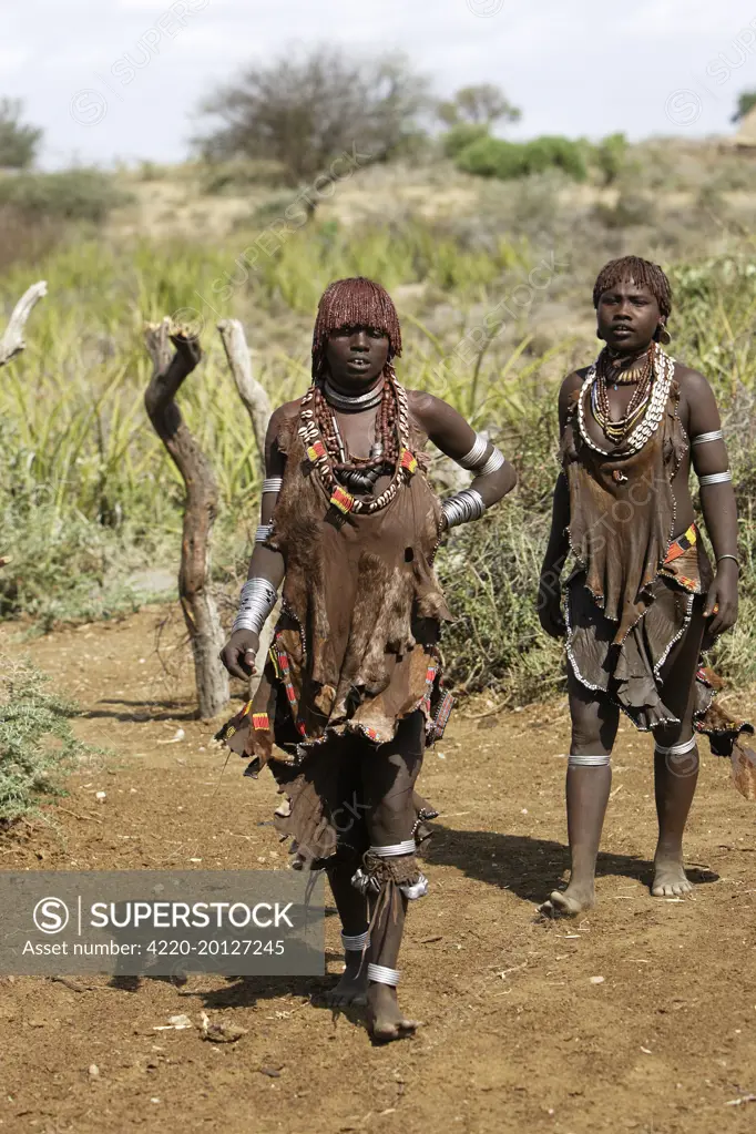 Women - Hamer tribe. Lower basin of Omo River, South Ethiopia. Copper skin with very fine features and wear metal arm and leg bracelets shells and beads.