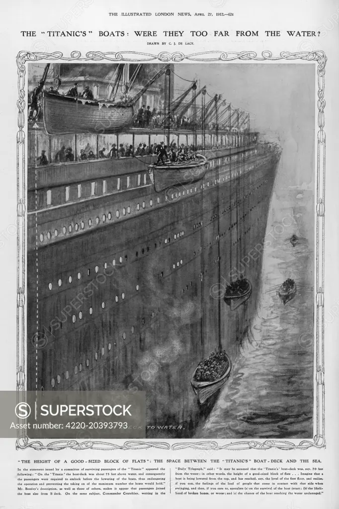 Illustration showing the great  height of the Titanic and the  long down-ward journey for  lifeboats.       Date: 1912