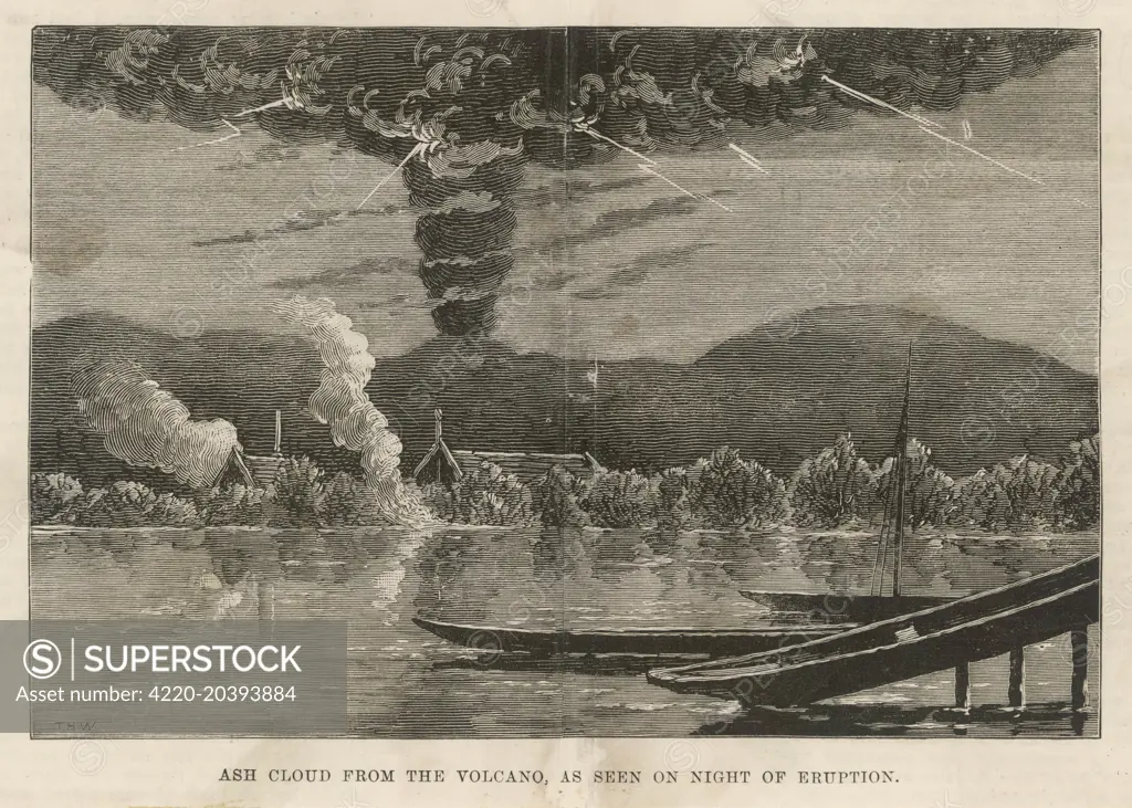 Eruption of Mount Tarawera, New Zealand : The volcano that  broke out on 9 June ,  destroying Wairoa and the  shores of Lake Rotomahana.      Date: 9 June 1886