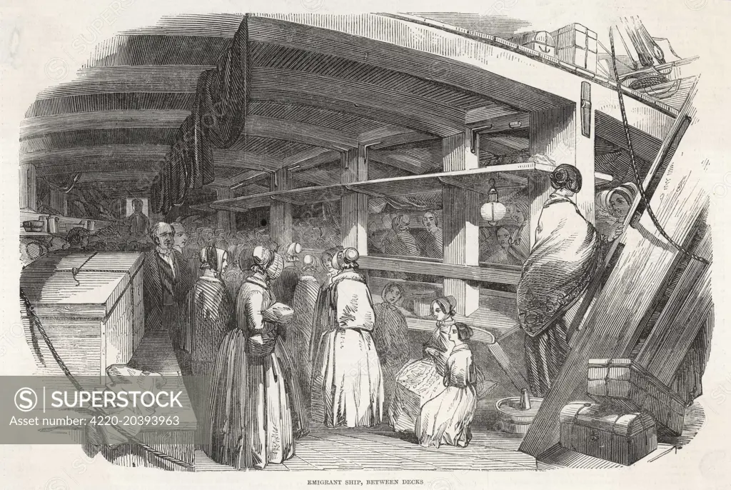                                 Emigrants between the decks on  an emigrant ship bound from  Liverpool to America       Date: 1850