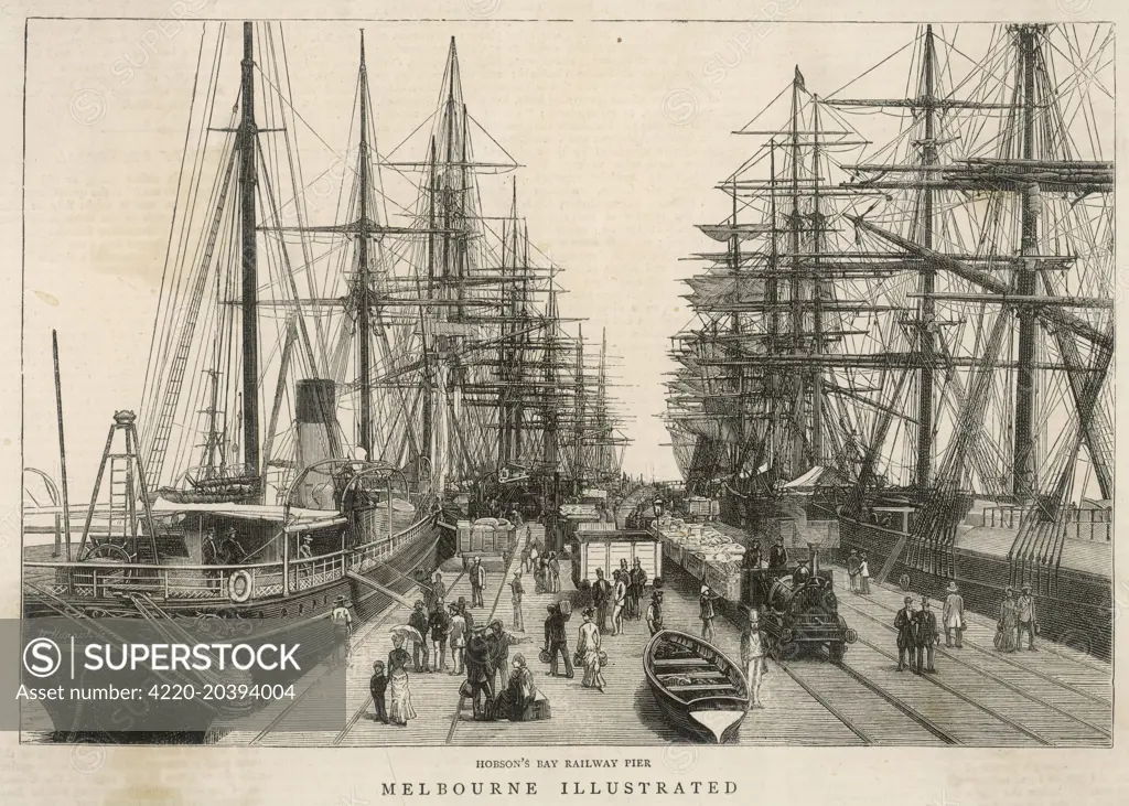 Melbourne Docks - Hobson's Bay Railway pier,  sailing ships outnumber the  steamship       Date: 1880