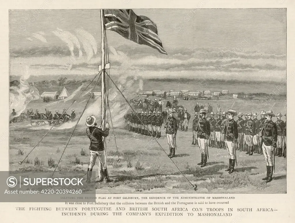 The British flag is  ceremonially raised over Fort  Salisbury (now Harare) in  Mashonaland (later Rhodesia,  later still Zimbabwe)      Date: 1890