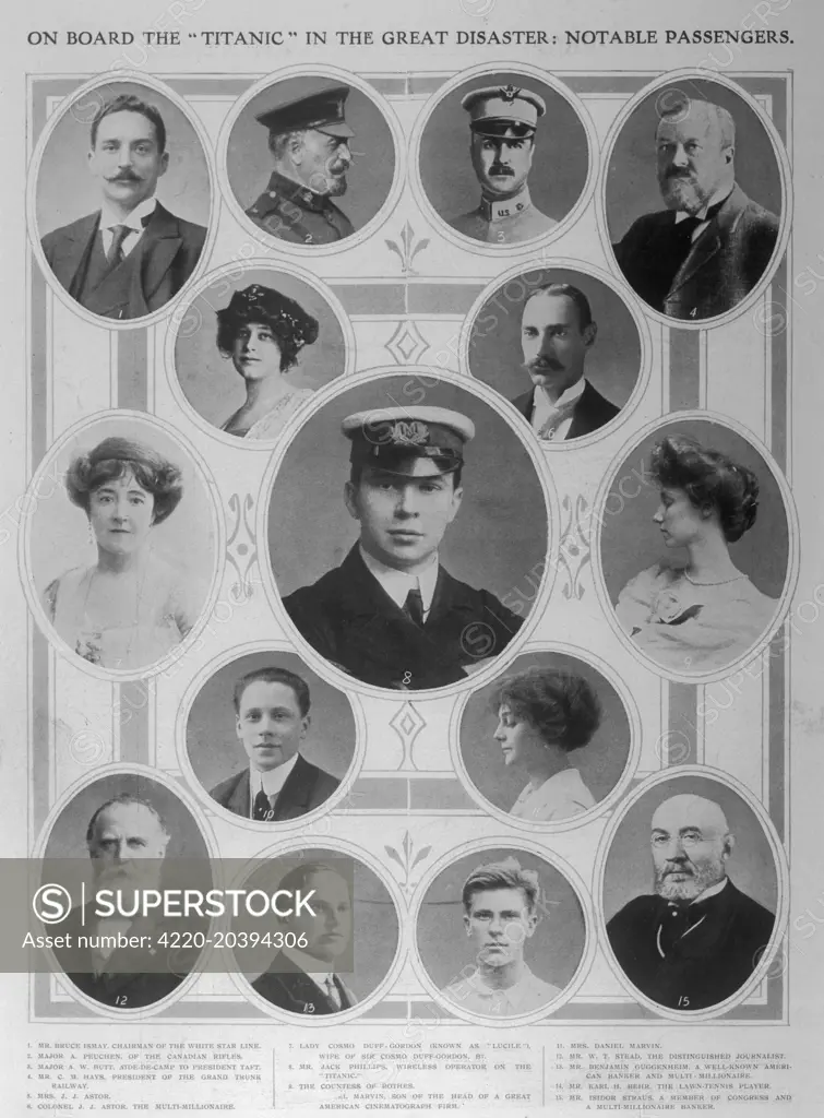 Notable passengers aboard the  Titanic, including Bruce  Ismay, Colonel &amp; Mrs J. Astor,  Lady Cosmo Duff-Brown, and  W.T. Stead.      Date: 1912