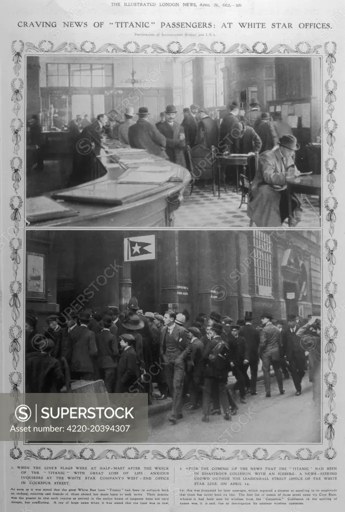 Checking for news of the  Titanic disaster, at White  Star offices in Leadenhall St,  and Cockspur St, London.       Date: 1912