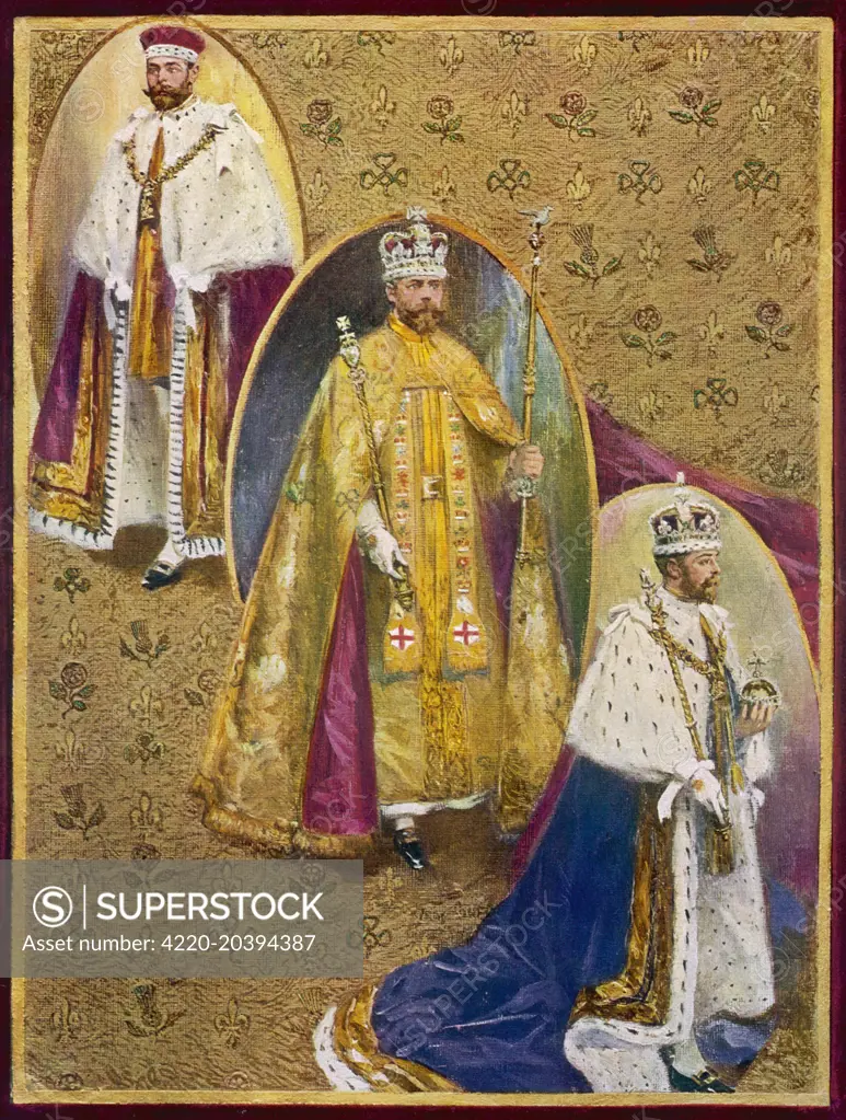 George V wears three robes  during the coronation ceremony  - the Royal Crimson Robe of  State, the Golden Imperial  Mantle, and the Royal Robe of  Purple Velvet     Date: 1911