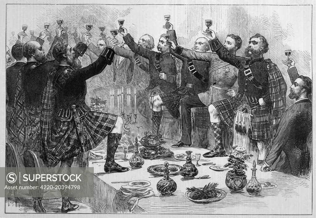 Scotsmen drink the health  of the duke of Rothsay,  with Highland Honours        Date: 1872