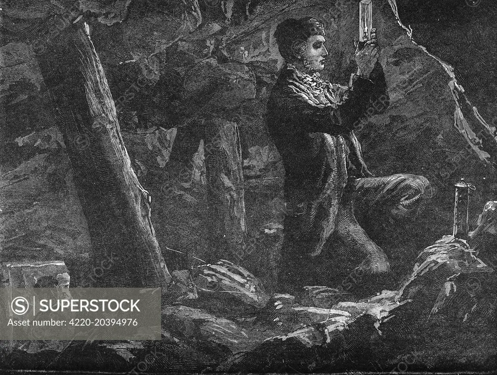 GEORGE STEPHENSON  Engineer experimenting with  the safety lamp in a mine       Date: 1781 - 1848