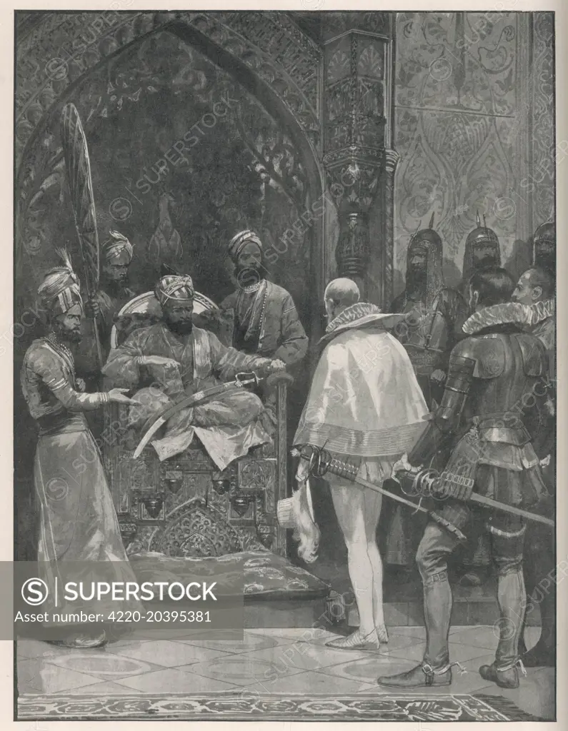 Sir John Mildenhall is sent by  Elizabeth I of England to  establish relations with  Akbar, Mughal emperor of India       Date: 1599