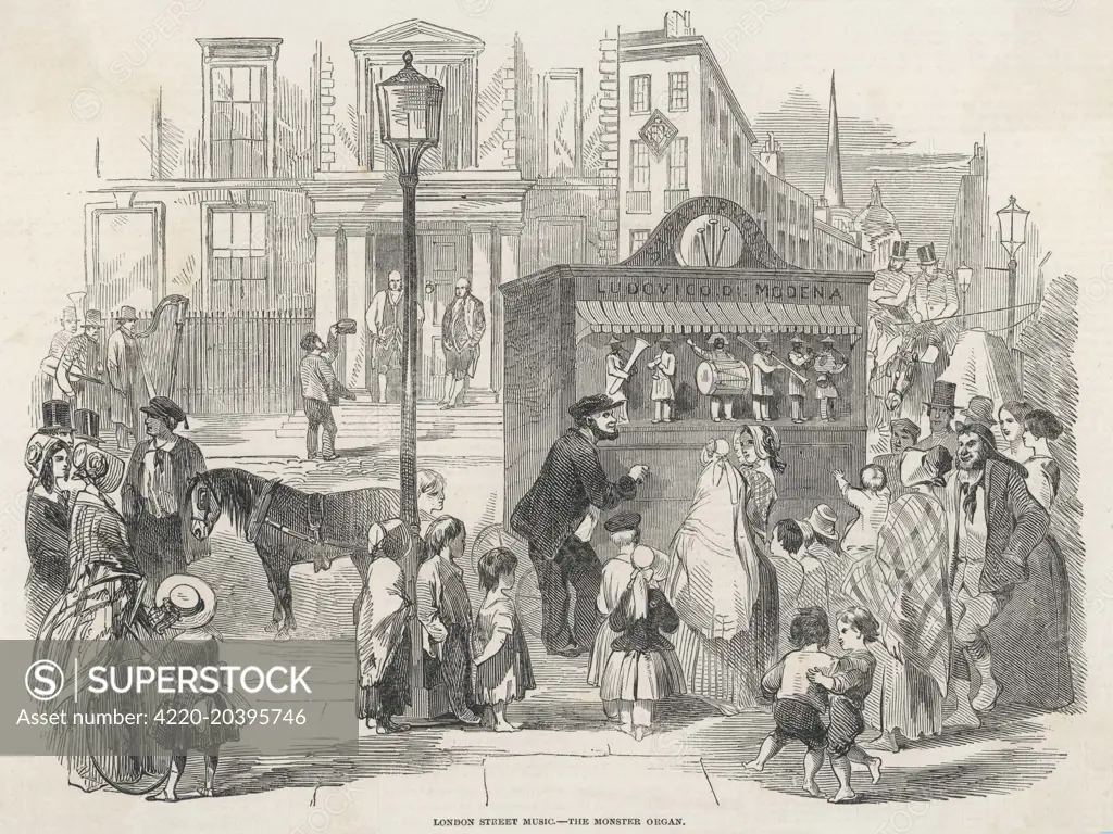 Barefoot street children and a  girl with her hoop admire the  Monster Organ paraded in the  streets of London by Lodovico  di Modena (Italy), while other  buskers can't compete...     Date: 1846