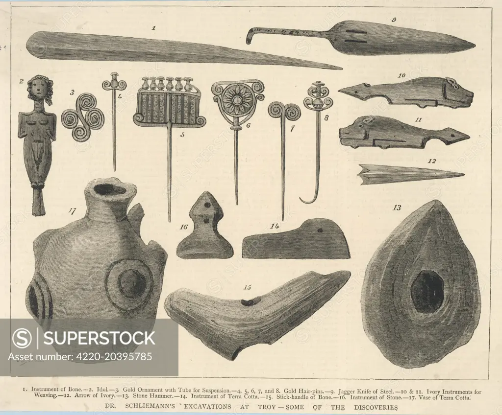 Some of the finds from  Heinrich Schliemann's  excavations at the site of  Ancient Troy at Hissarlik.  These include hair-pins and an  ivory arrowhead.     Date: 1879