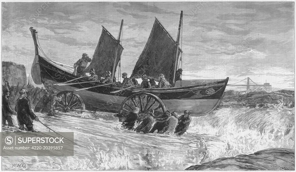 The lifeboat at Brighton,  Sussex, is dragged into the  water : the boat carries sails  to assist the oarsmen if the  wind is in a favourable  direction.     Date: 1875