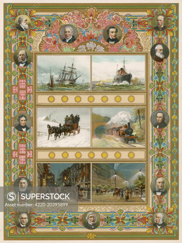  Progress in travel by sea and  land during the reign of Queen  Victoria.       Date: 1897