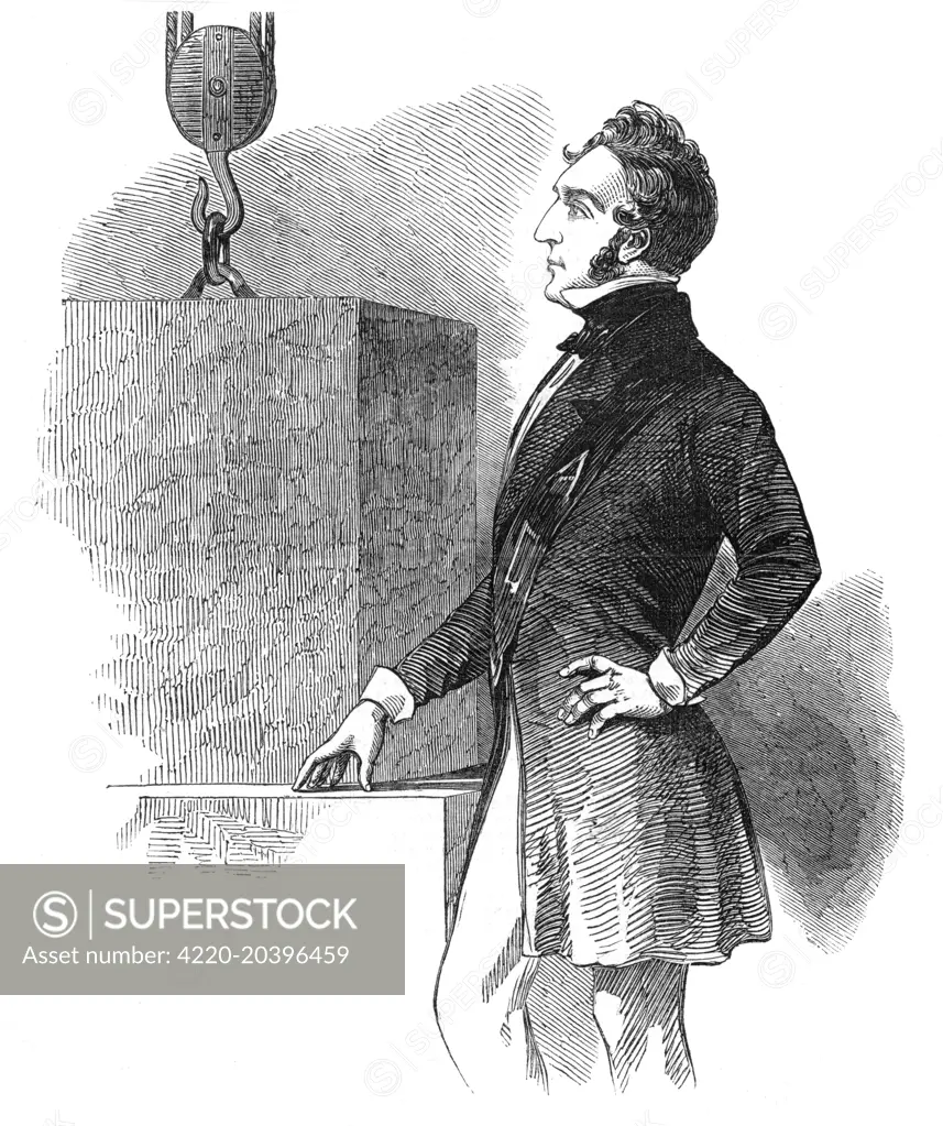 JAMES ANDREW BROWN RAMSAY,  first marquess of DALHOUSIE,  governor-general of India,  watching as a block of stone  is lowered into place...      Date: 1812-1860