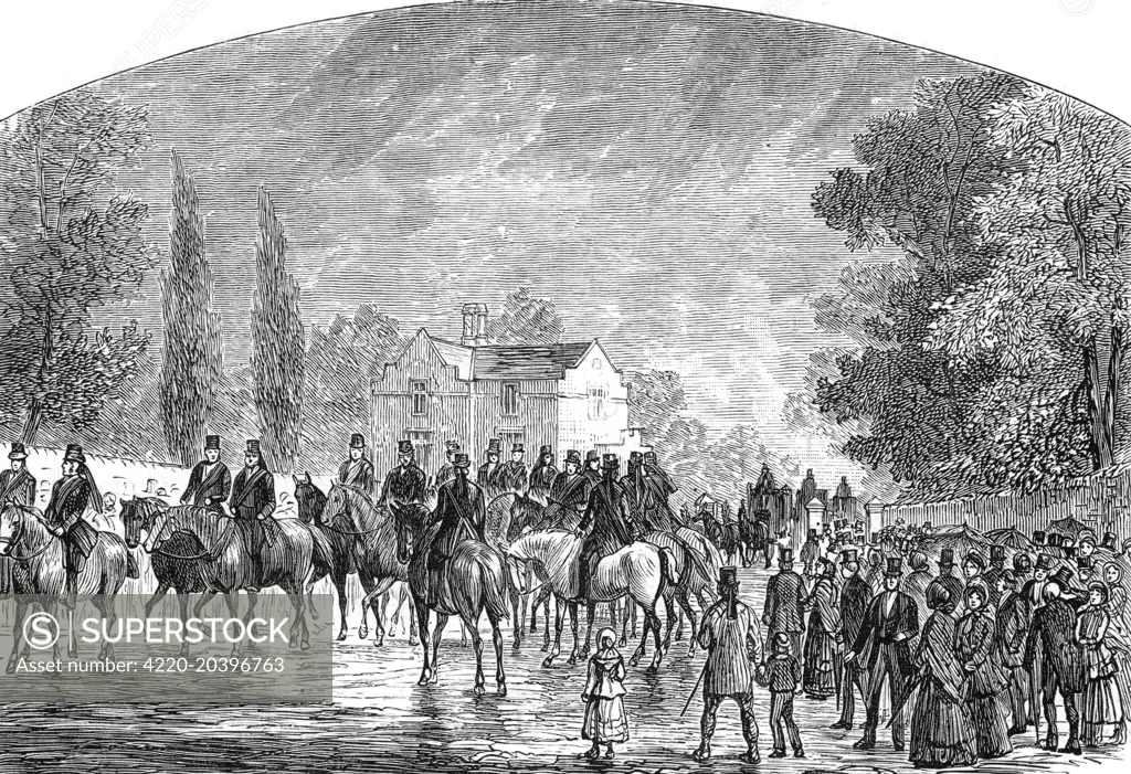 The funeral of sir Robert Peel  (the younger) at Drayton  Manor, his country residence,  after his fatal fall from a  horse.      Date: 1788 - 1850