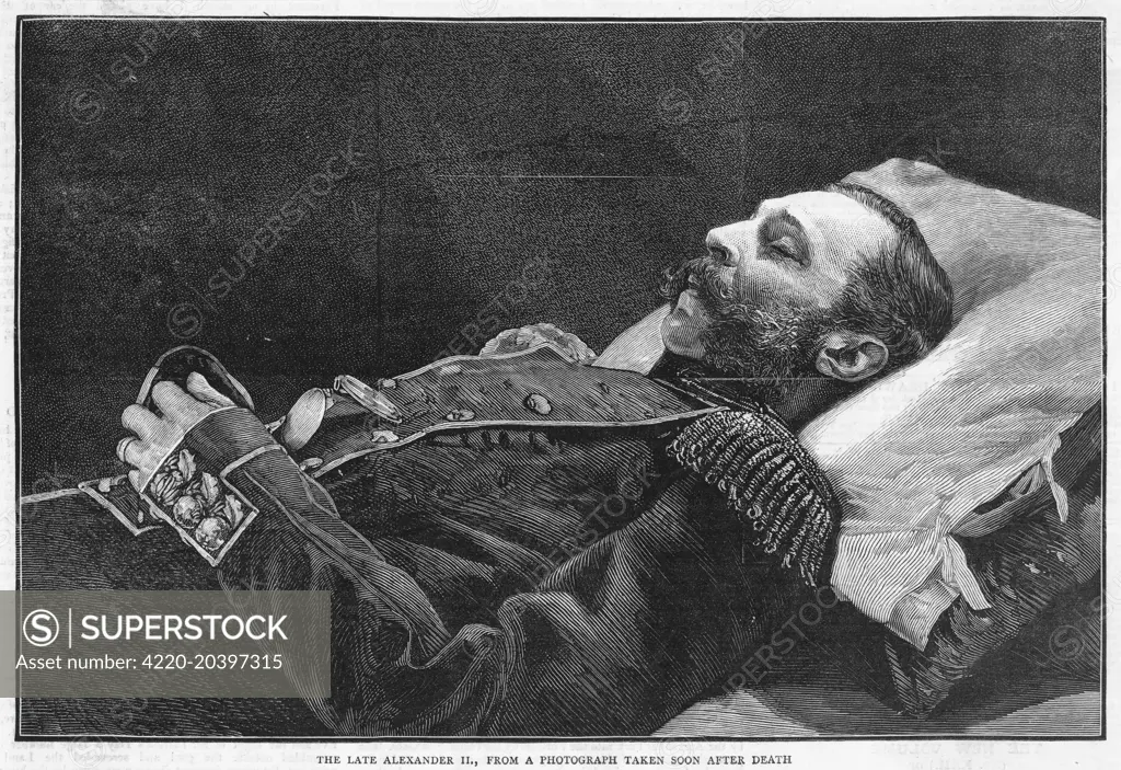 Tsar ALEXANDER II,  assassinated by nihilists, on  his deathbed in the Winter  Palace whither he was taken  after the fatal explosion.      Date: 1818 - 1881